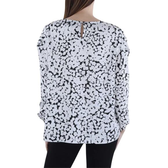 DKNY Black White Printed Ruched Sleeve Crewneck Relaxed Fit Blouse Top Small NWT - Picture 2 of 13